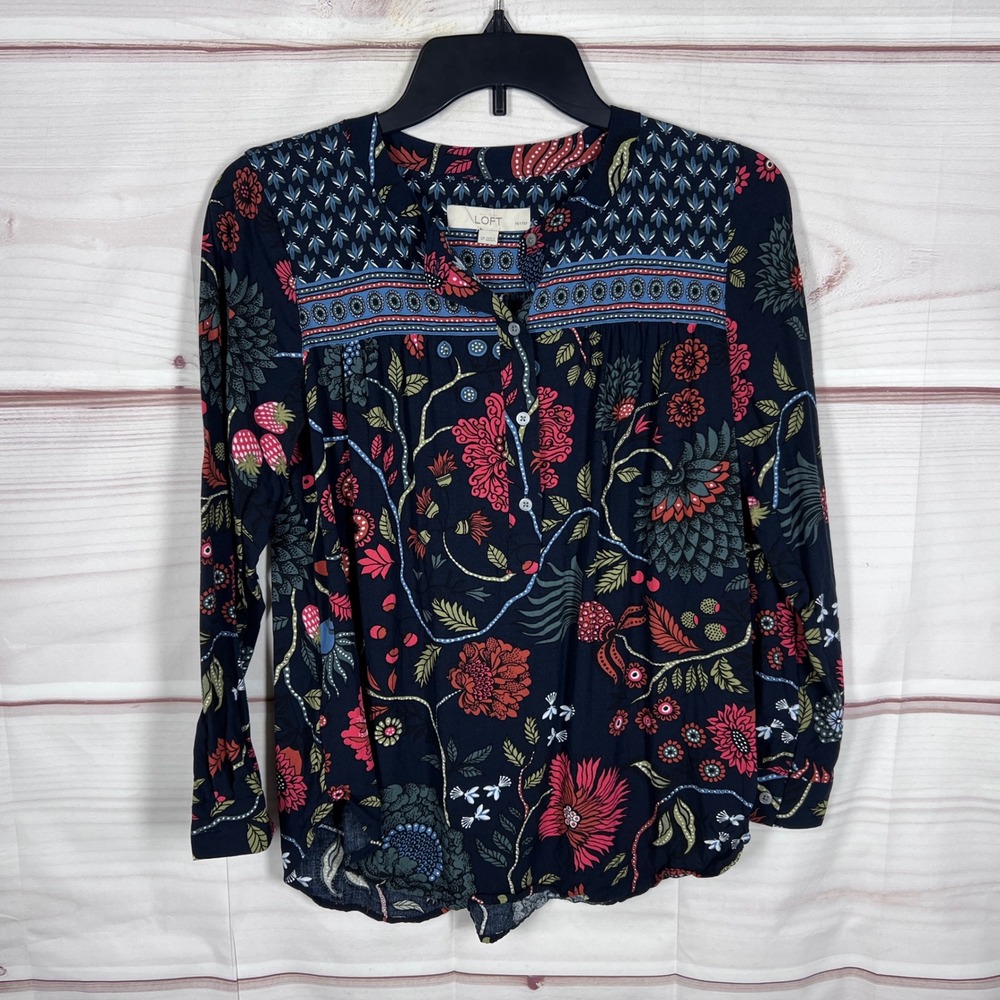 LOFT Floral Henley Blouse Womens PS Blue Mixed Print Long Sleeve Peasant Office
